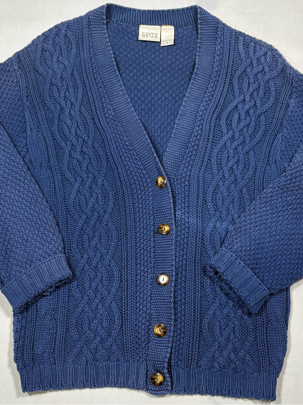 Vintage 90s Laura Gayle Chunky Cotton Cable Knit Cardigan Sweater Blue Small USA